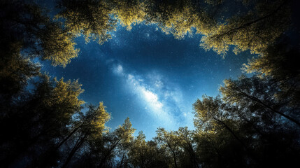 Naklejka premium Majestic trees frame starry sky, creating tranquil atmosphere under Milky Way