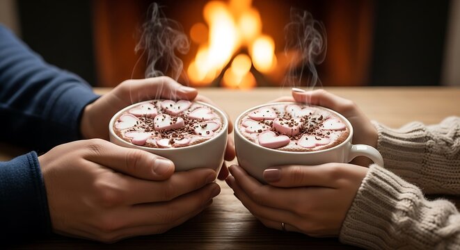 Couple Holding Hot Chocolate Mugs by Fireplace stock image