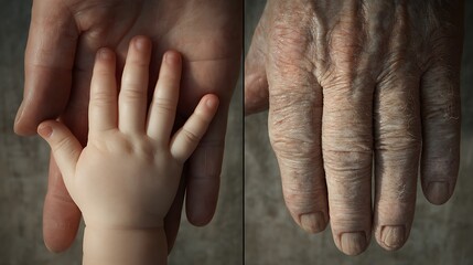 Fototapeta premium Compare hands from infants to elderly people, see changes in skin, flesh and blood vessels.