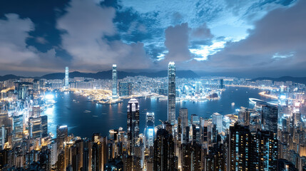 Fototapeta premium Stunning skyline view of illuminated skyscrapers reflecting water dusk, showcasing urban beauty