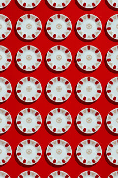 Flat lay traditional tea plates arranged in a pattern