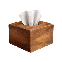 A wooden cube tissue box with visible grain, holding a stack of white facial tissues