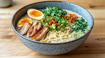 Delicious ramen bowl with soft boiled egg, green onions, and sliced pork