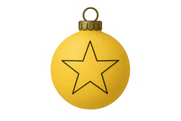 Yellow christmas bauble with star outline, hanging festive holiday ornament, transparent background