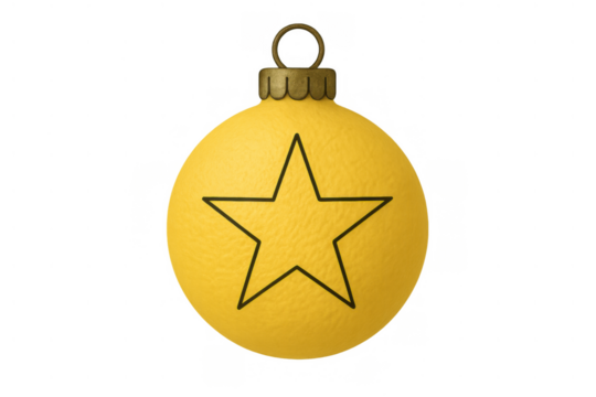 Yellow christmas bauble with star outline, hanging festive holiday ornament, transparent background