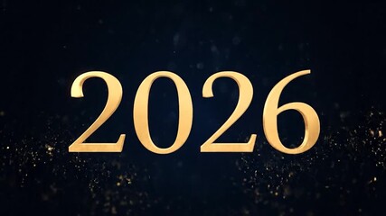 Golden "2026" font glows against a dark blue backdrop with sparkling particles - Powered by Adobe
