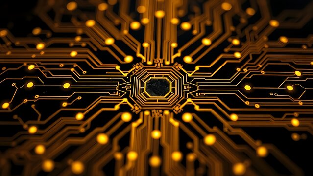 conductive. An abstract golden circuit pattern with geometric lines on a dark atmospheric background. symbolizing technological progress and responsible innovation.