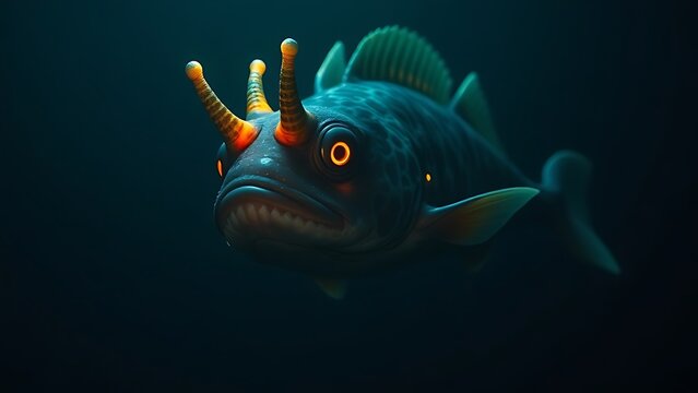 chimaera. A deep-sea chimaera glowing with bioluminescent forehead lights in the dark ocean abyss. wildlife magazines, conservation campaigns, designed for eco-tourism storytelling.