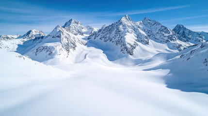 Obraz premium Snow covered mountain slopes under pale blue sky create serene winter landscape