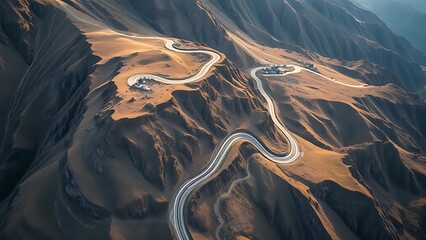 conductance. Aerial view of a winding mountain highway cutting through rugged terrain. travel magazines, destination branding, designed for outdoor magazines and nature guides.