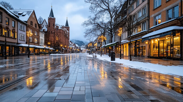 Tranquil town square with snow, reflections on wet pavement, and charming architecture
