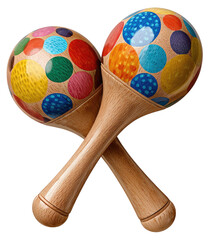 Two colorful, crossed percussion instruments with wooden handles and patterned, dot-covered spheres