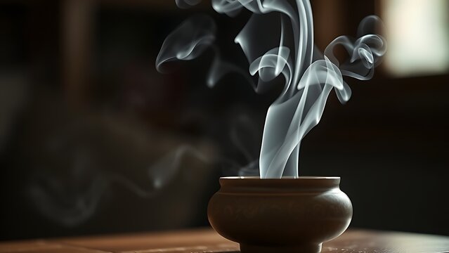 soliloquy. White smoke rising from a simple ceramic incense burner in soft indoor light. event programs, museum guides, designed for cultural heritage projects and event programs, supports education.