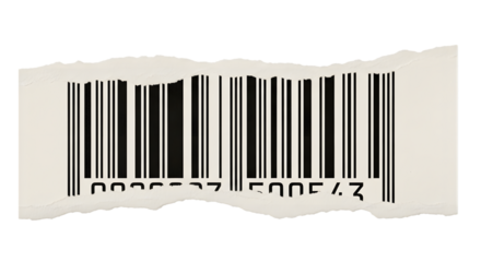 Torn paper with black and white barcode and numbers isolated on transparent background