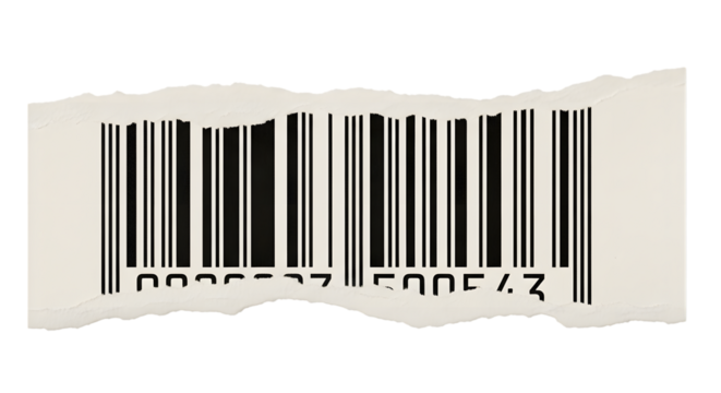 Torn paper with black and white barcode and numbers isolated on transparent background