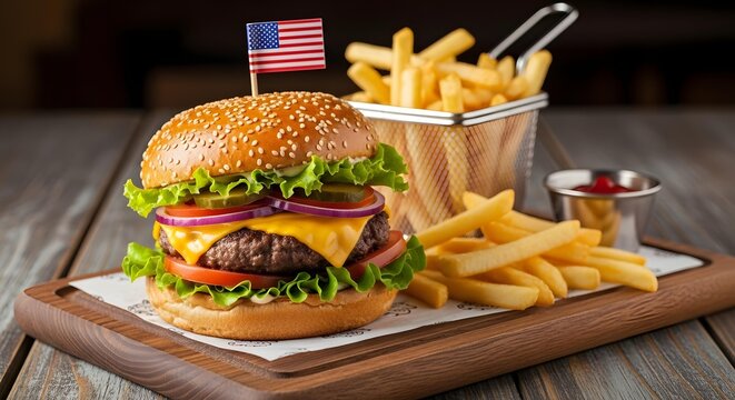 Delicious Beef Cheeseburger and French Fries – American Diner Meal