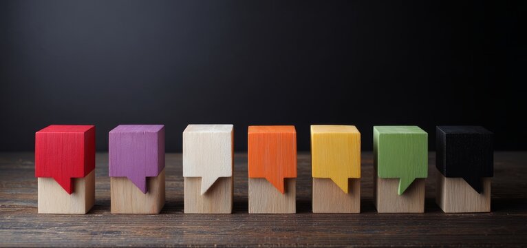 A row of wooden blocks with different colors and shapes, arranged in a line