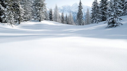 Obraz premium Snow covered landscape with tall evergreen trees and distant mountains under bright sunlight