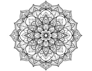 Intricate, symmetrical floral pattern with geometric designs, grayscale