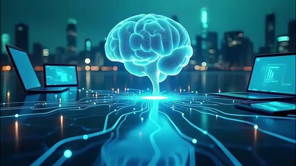 The connection between humans and AI. Futuristic holographic interface, displaying a digital brain Connected to a computer, glowing and analyzing data. - Powered by Adobe