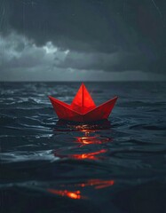 Obraz premium A red paper boat floats serenely on dark, choppy waters