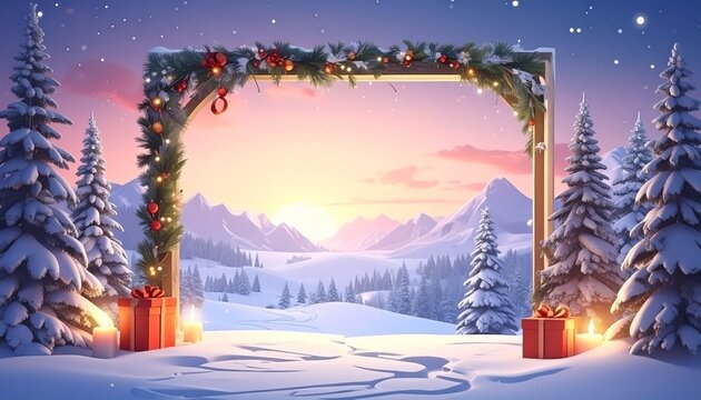 Festive Winter Landscape with Christmas Arch and Snowy Trees at Sunset - Powered by Adobe