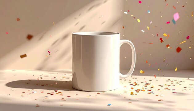 A pristine white ceramic mug illuminated by soft sunlight, adorned with a playful scattering of colorful confetti, perfect for festive product mockups and special occasion designs