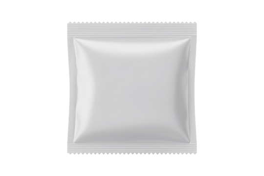 Blank white square sachet packaging for food or cosmetics. Isolated on transparent background