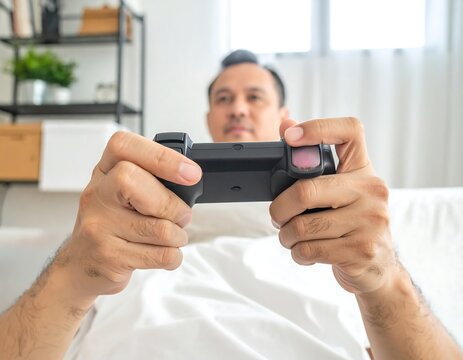 Focused individual holding a game controller, ready to play