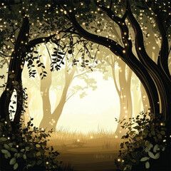 Enchanting forest scene with glowing lights and mystical ambiance