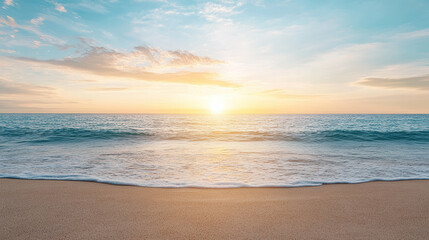 Obraz premium Sunset over calm ocean waves, creating serene atmosphere on sandy beach