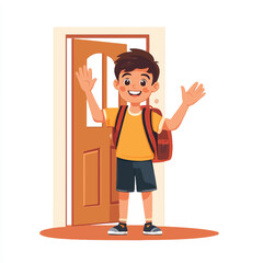 Enthusiastic young boy with backpack waving goodbye at the door