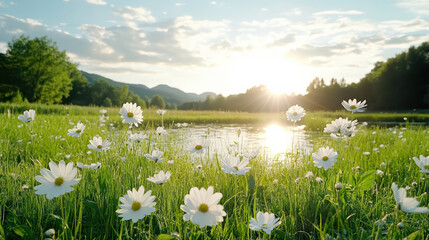 Bright wildflowers bloom in serene meadow by tranquil pond, capturing beauty of nature