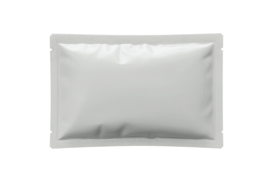 Blank white square sachet or packet. Isolated on transparent background
