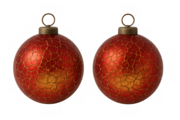 Pair of festive red and gold textured christmas ornaments hanging, holiday decoration with transparent background