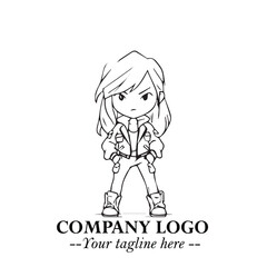Black and White Chibi Girl Standing in Jacket, Pants, and Boots. Simple Bold Vector Illustration