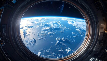 Fototapeta premium A circular spacecraft window frames the bright Earth and clouds against the vast darkness of deep space