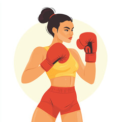 Female boxer ready to fight with red gloves and shorts