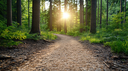 Obraz premium Serene forest path illuminated by soft golden light, inviting tranquility and peace