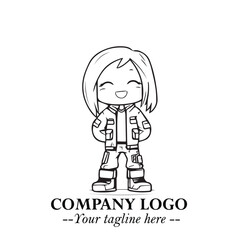 Black and White Chibi Girl Standing in Jacket, Pants, and Boots. Simple Bold Vector Illustration