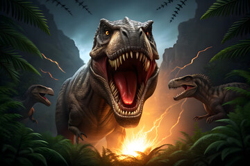Tyrannosaurus Rex Roaring in a Prehistoric Jungle with Lightning