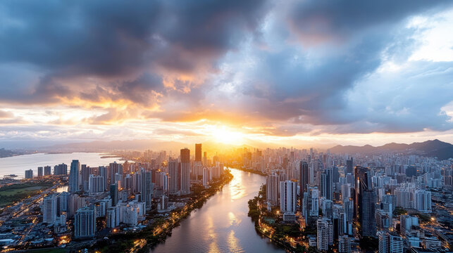 Stunning skyline view at sunset with dramatic clouds reflecting over river