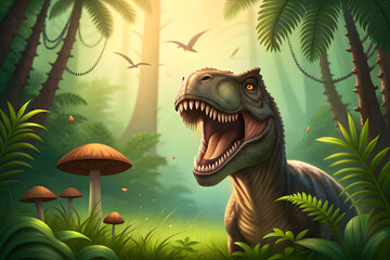 Tyrannosaurus Rex Roaring in Lush Prehistoric Jungle