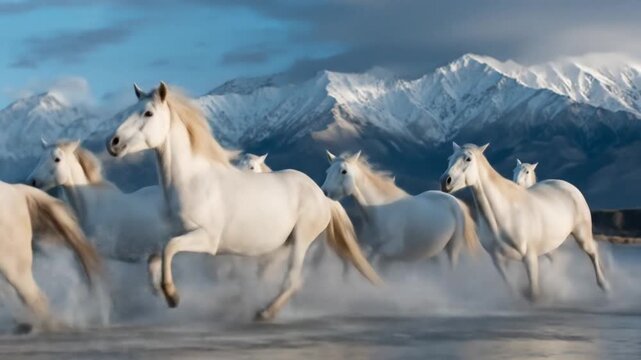 A herd of white horses gallops across icy terrain beneath misty, snowcapped mountains at dawn today