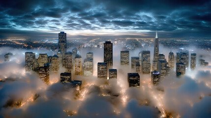 Misty skyline over city twilight, illuminated buildings emerging from clouds, tranquil atmosphere