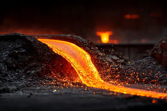 Hot molten metal pouring in steel foundry - Powered by Adobe