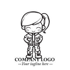Obraz premium Black and White Chibi Girl Standing in Jacket, Pants, and Boots. Simple Bold Vector Illustration