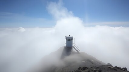 biographical. A solitary weather station atop a misty mountain peak. travel magazines, destination branding, wall prints, designed for travel destination branding, used by logistics managers.