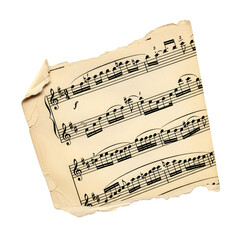 A torn piece of antique sheet music with musical notes and staves isolated on transparent background