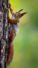 Fototapeta premium A red squirrel clings to the rough bark of a pine tree